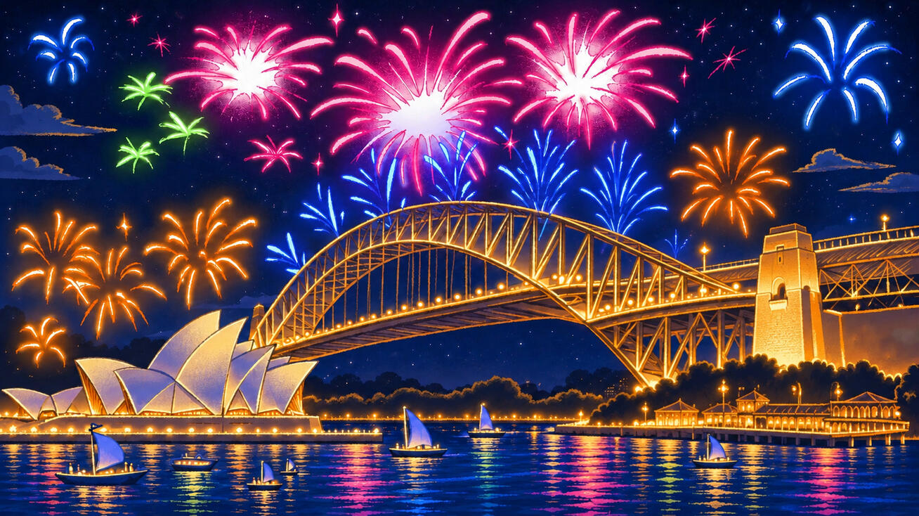 🇦🇺 Australien: Samles omkring Sydney Harbour for at se det spektakulære midnatsfyrværkeri fra Harbour Bridge og Opera House.