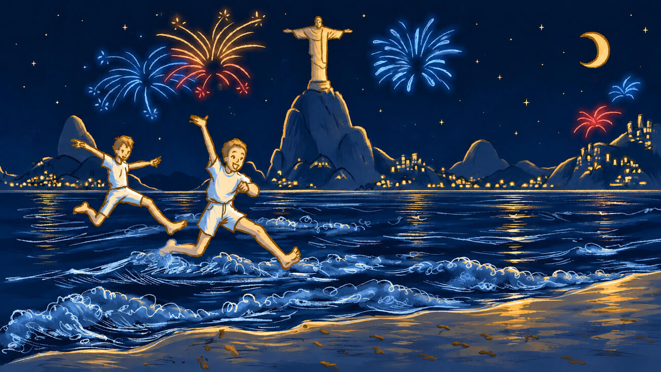 🇧🇷 Brasilien: Klæder sig i hvidt og hopper over syv bølger ved midnat, ofte med et ønske for hvert spring.