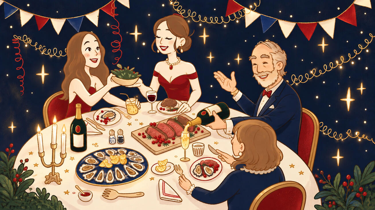 🇫🇷 Frankrig: Samles om et overdådigt réveillon-måltid med champagne, østers, ost og andre festlige retter.